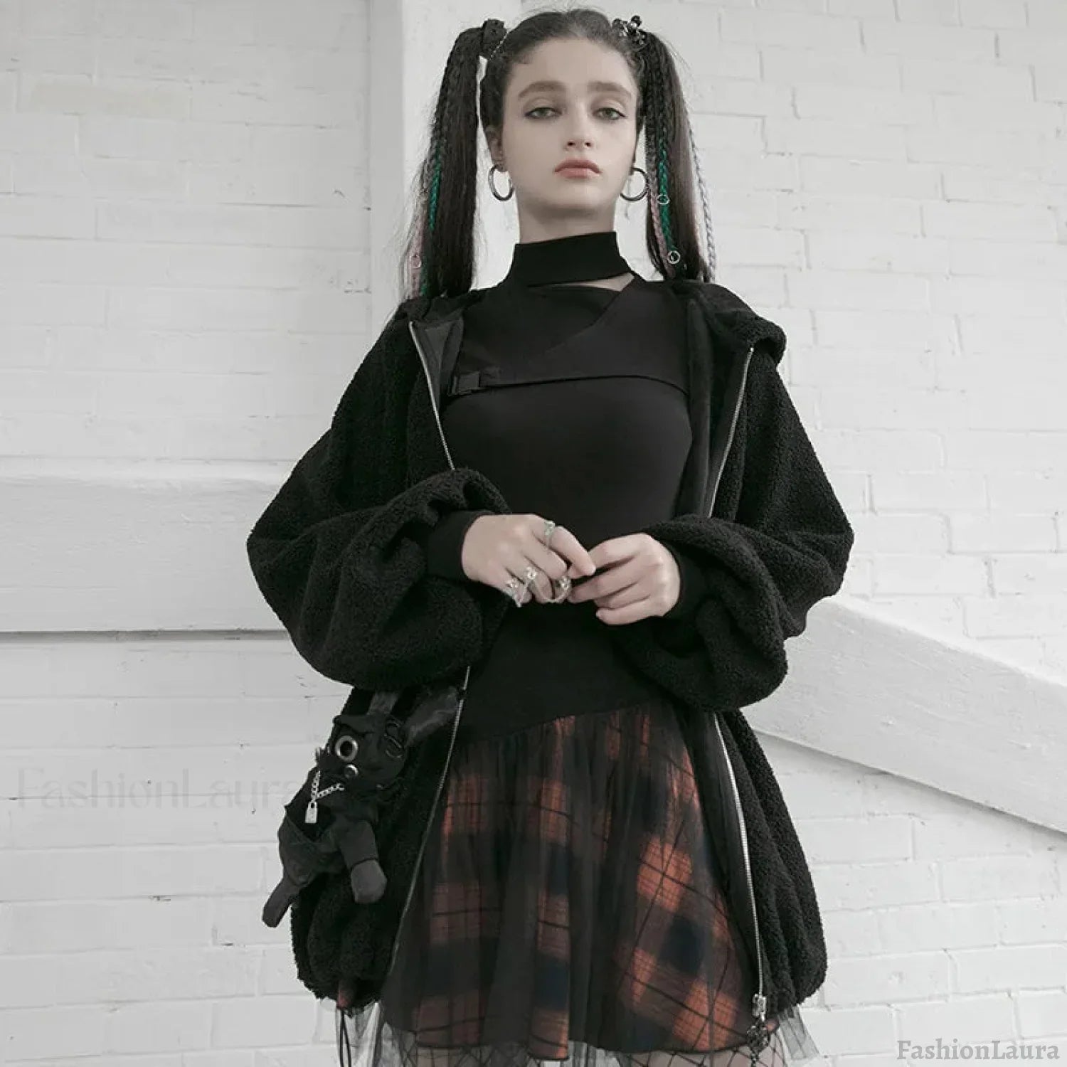 Women’s Style Mesh Stitched Plaid Warm High-waisted Fluffy Daily Thick Personality Mini Skirt BLACK / S
