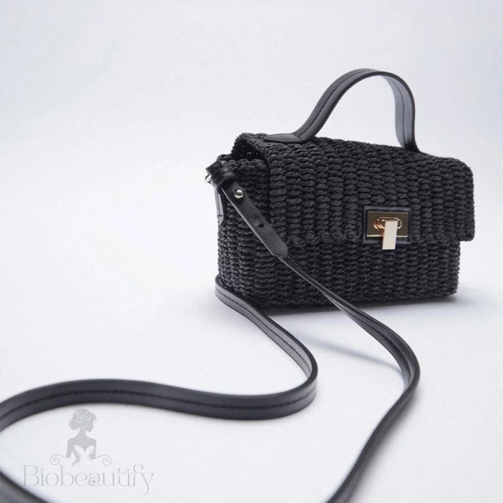 Woven Faux Leather Trim Crossbody Bag - Black