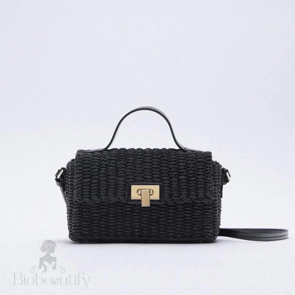 Woven Faux Leather Trim Crossbody Bag - Black One Size /