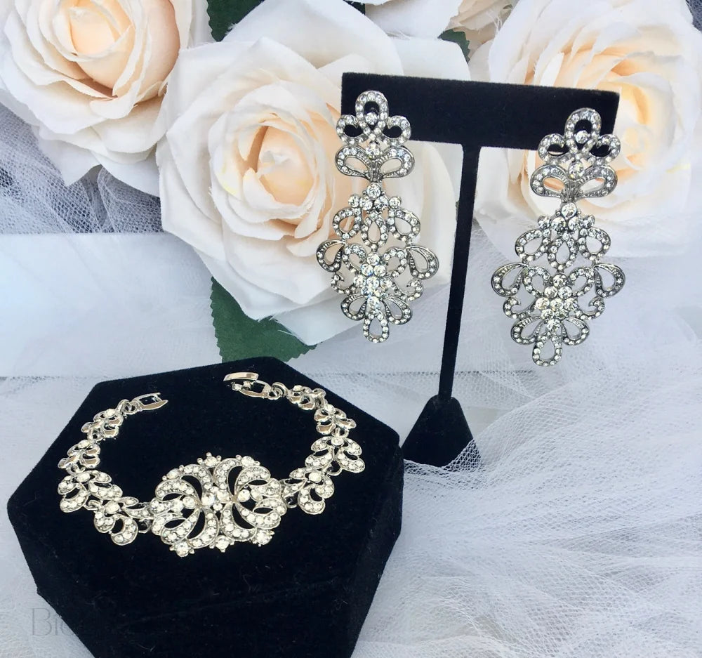 Wedding Jewelry - Cubic Zirconia Bridal Bracelet and Earrings Set - Available in Silver and Gold