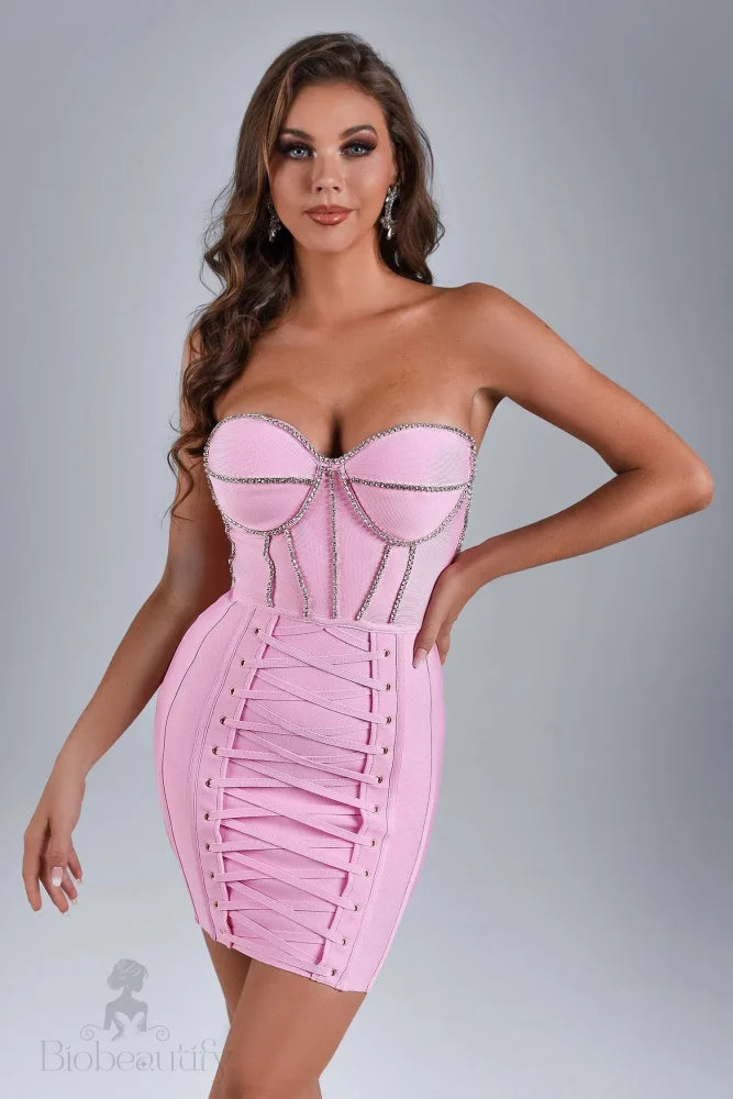 Xenia Bandage Laced Up Rhinestone Dress - SunsetFashionLA