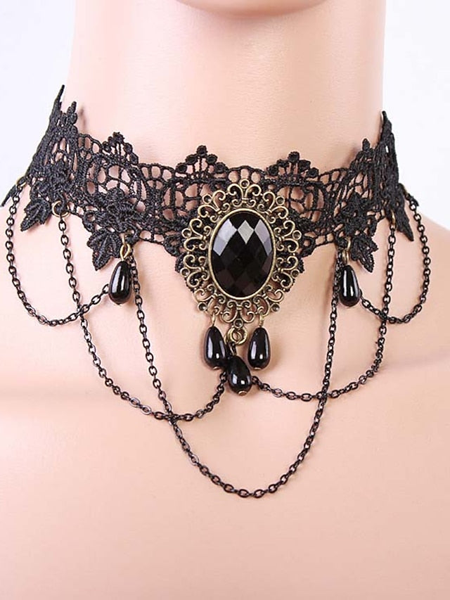 Choker Necklace Lace Tattoo Choker Punk Fashion Lolita Jewelry Vintage Gothic Style Lace Up Artificial Gemstones Lace Alloy Women's Girls' Costume Jewelry