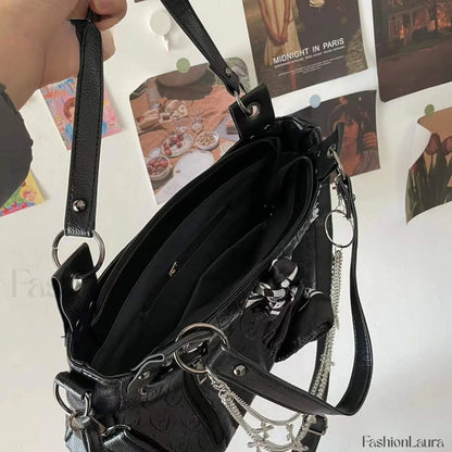 Y2K Cross Large Leather Skulls Capacity Chain Printing Gothic Punk Bag Black