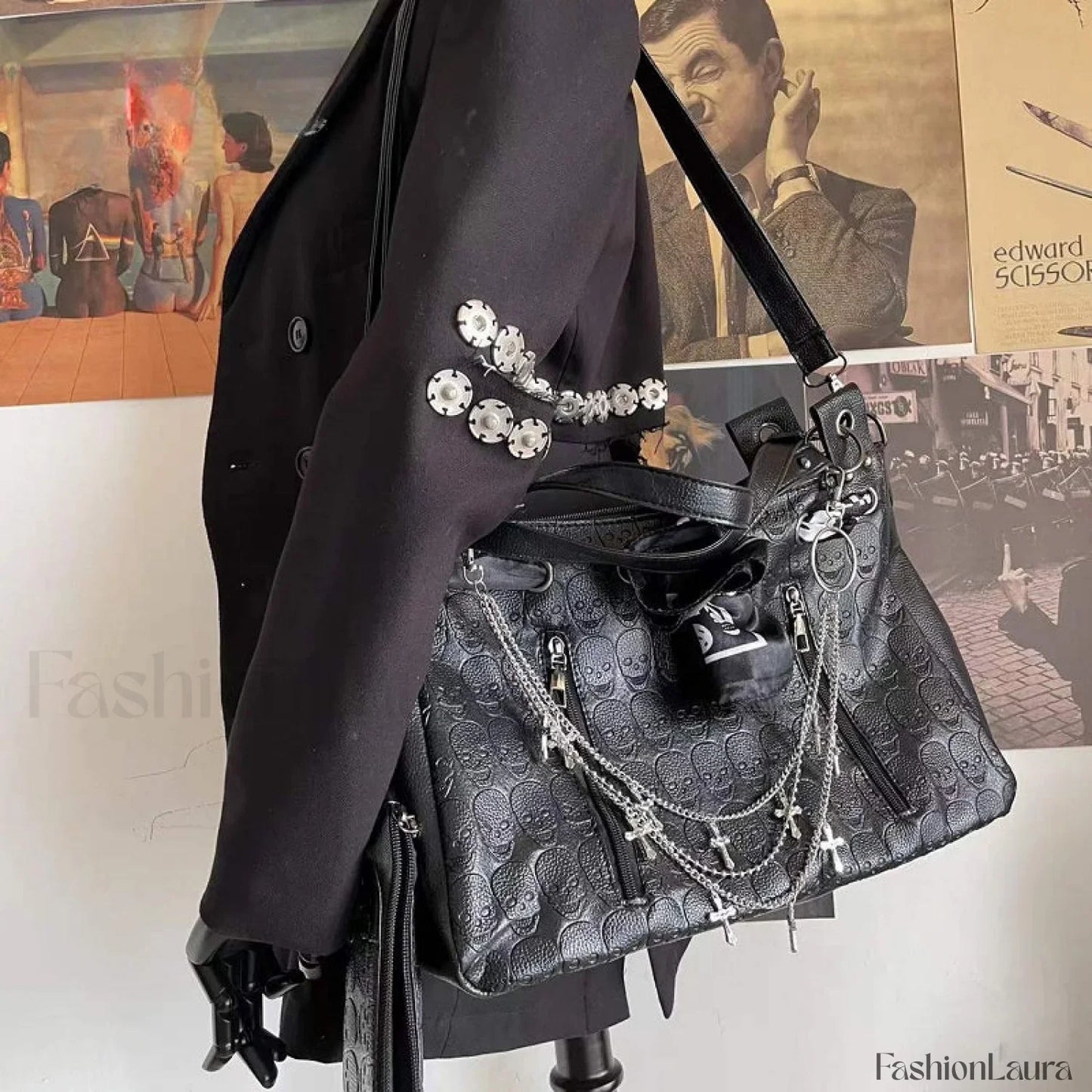 Y2K Cross Large Leather Skulls Capacity Chain Printing Gothic Punk Bag Black