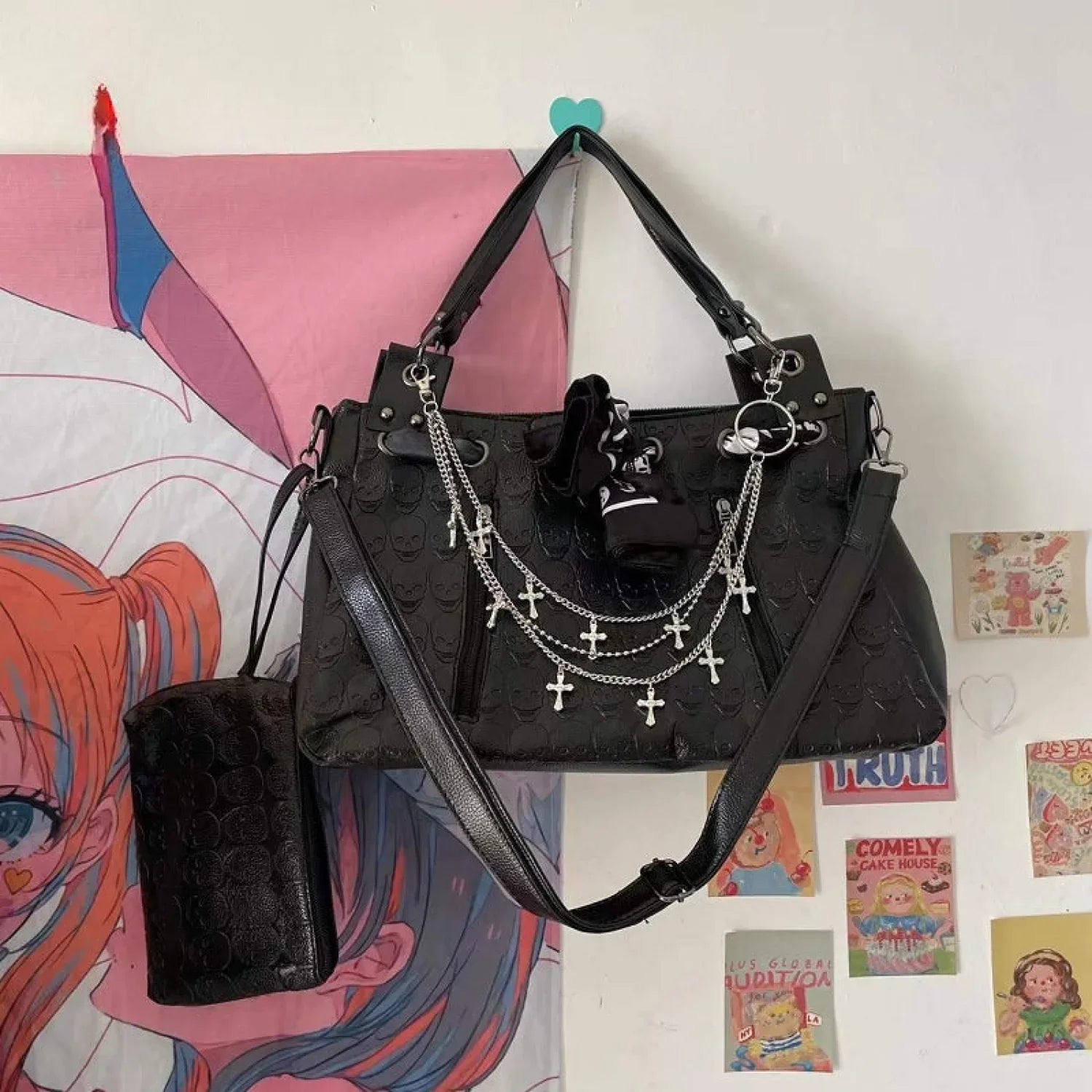 Y2K Cross Large Leather Skulls Capacity Chain Printing Gothic Punk Bag Black