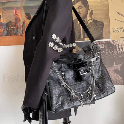 Y2K Cross Large Leather Skulls Capacity Chain Printing Gothic Punk Bag Black