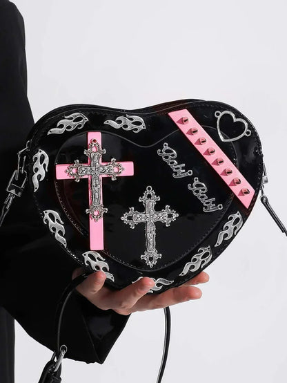 Y2K Cross Pattern Colorful Trendy Mini PU Punk Coffin Gothic Shape Bag Black