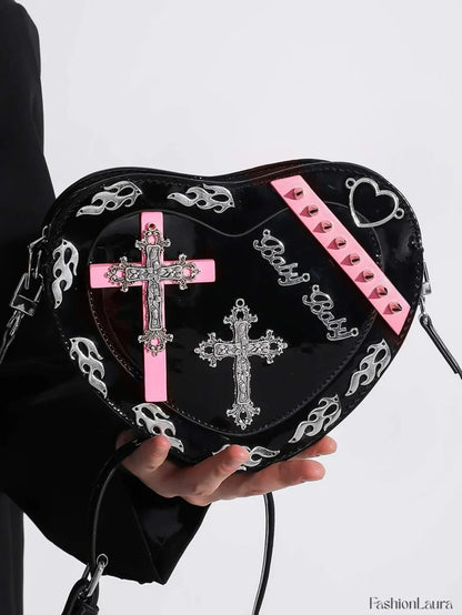 Y2K Cross Pattern Colorful Trendy Mini PU Punk Coffin Gothic Shape Bag Black