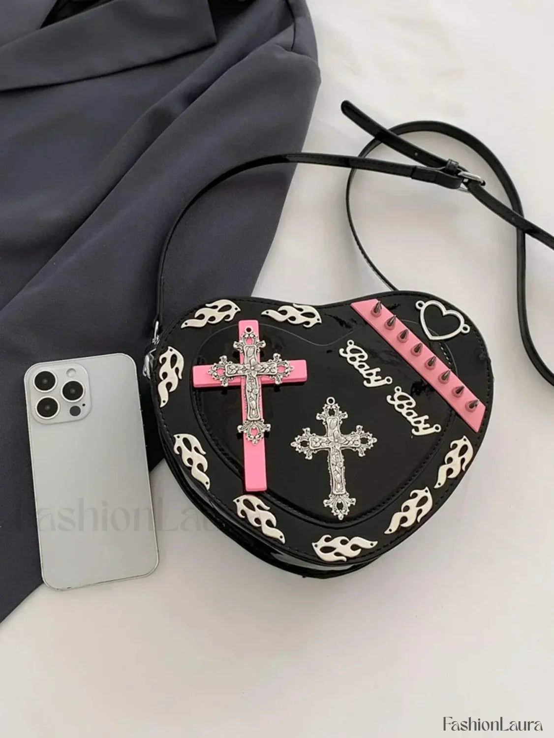 Y2K Cross Pattern Colorful Trendy Mini PU Punk Coffin Gothic Shape Bag Black