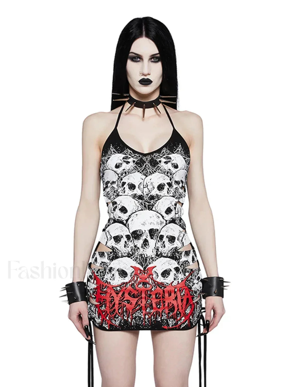 Y2K Drawstring Print Size Out Sleeveless Sling Plus Cami Punk Strap Hollow Party Skull Dress Black / XS