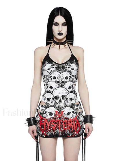 Y2K Drawstring Print Size Out Sleeveless Sling Plus Cami Punk Strap Hollow Party Skull Dress Black / XS