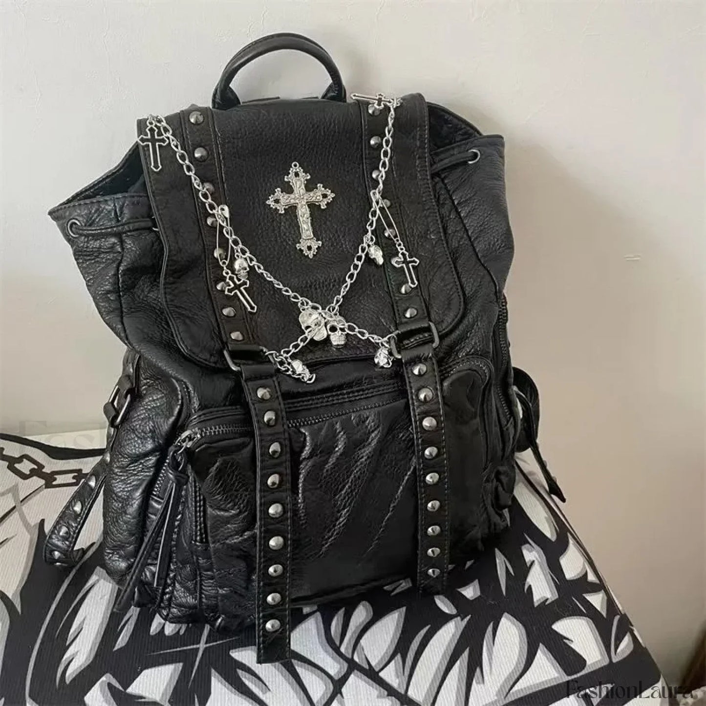 Y2K Girls Soft Leather Skull Cross Chain Korean Style Gothic Backpack Bag Black