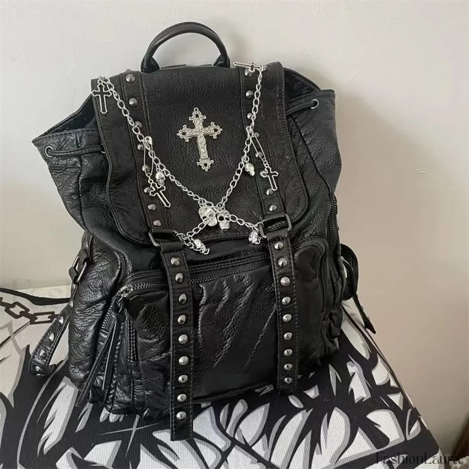 Y2K Girls Soft Leather Skull Cross Chain Korean Style Gothic Backpack Bag Black