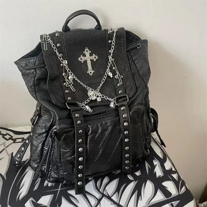 Y2K Girls Soft Leather Skull Cross Chain Korean Style Gothic Backpack Bag Black