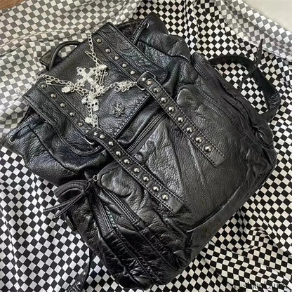 Y2K Girls Soft Leather Skull Cross Chain Korean Style Gothic Backpack Bag Black