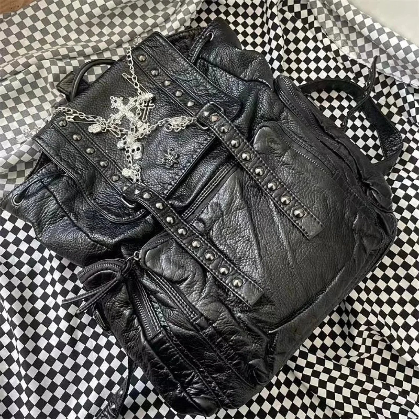 Y2K Girls Soft Leather Skull Cross Chain Korean Style Gothic Backpack Bag Black