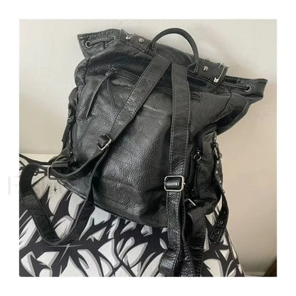 Y2K Girls Soft Leather Skull Cross Chain Korean Style Gothic Backpack Bag Black