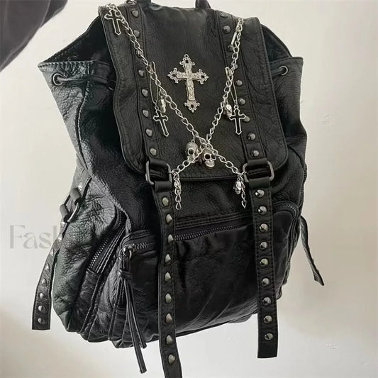 Y2K Girls Soft Leather Skull Cross Chain Korean Style Gothic Backpack Bag Black