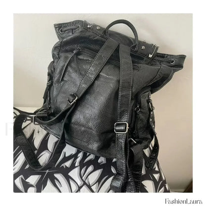 Y2K Girls Soft Leather Skull Cross Chain Korean Style Gothic Backpack Bag Black