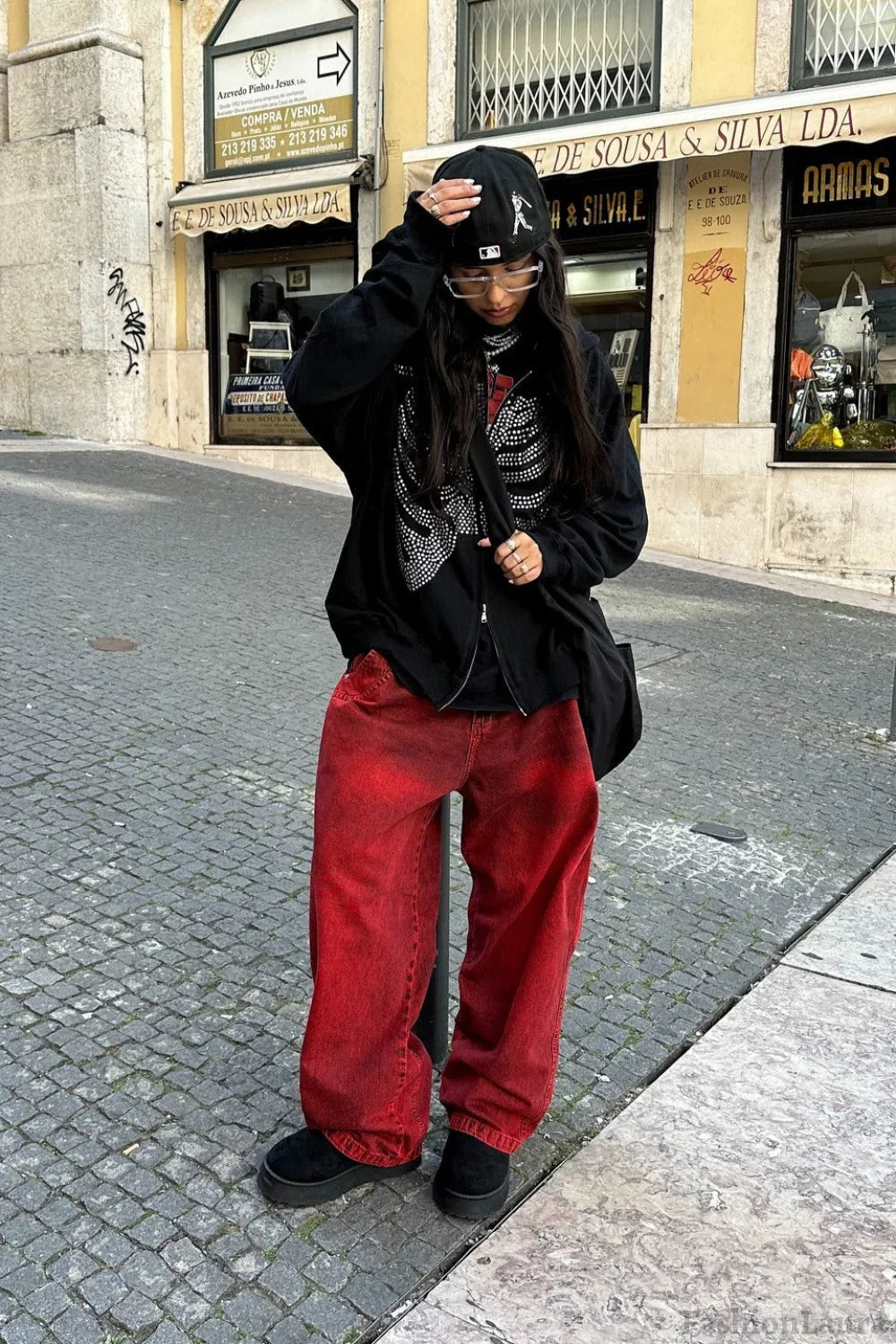 Y2K Gothic Skeleton Rhinestone Hoodie Black / S