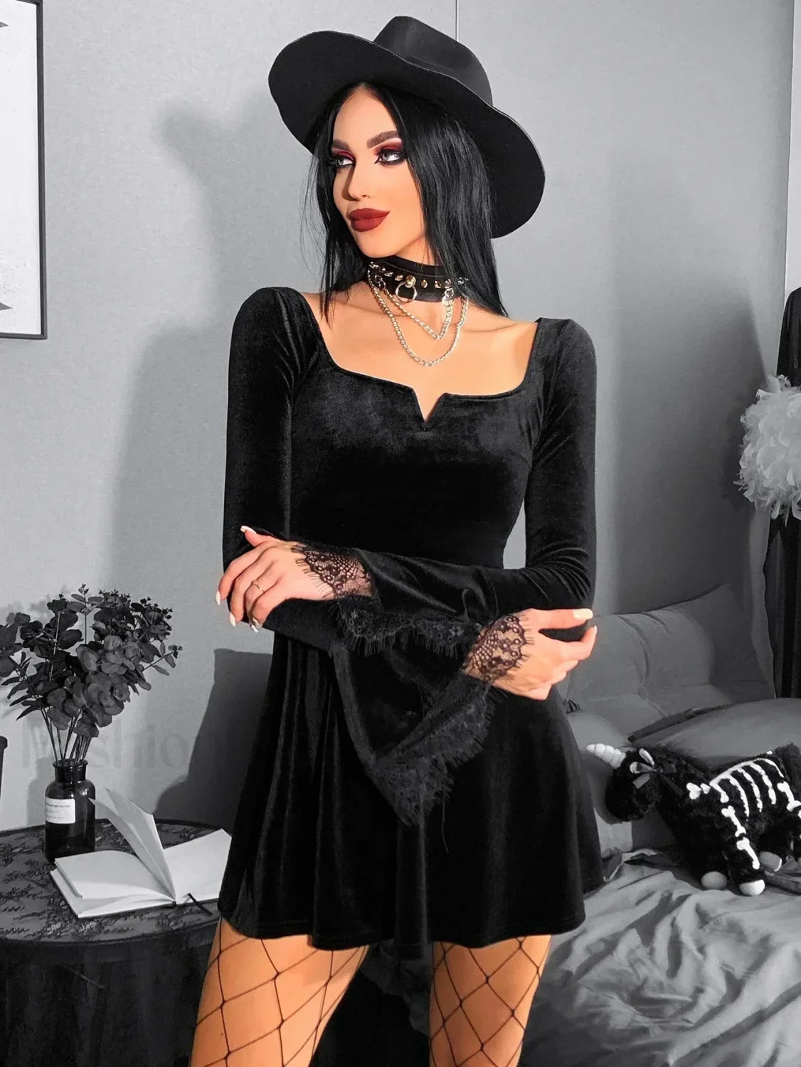 Y2K Harajuku High Waist A Line Punk Grunge Vintage Flare Sleeve Velvet Lolita Dress