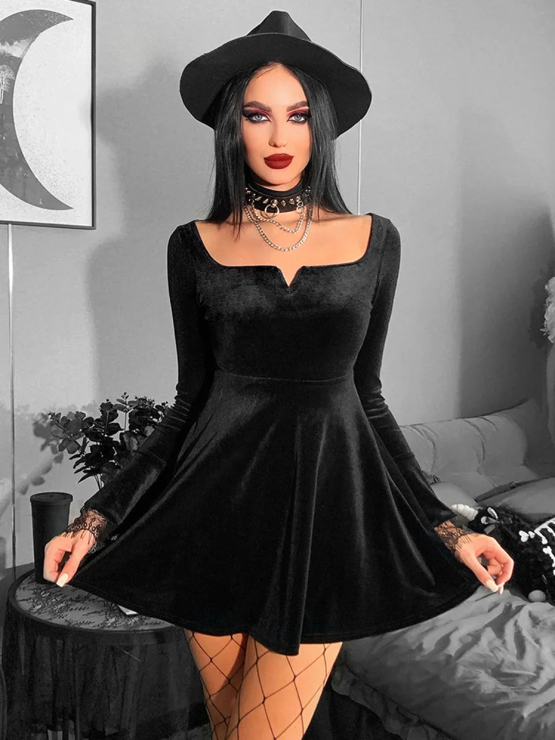 Y2K Harajuku High Waist A Line Punk Grunge Vintage Flare Sleeve Velvet Lolita Dress