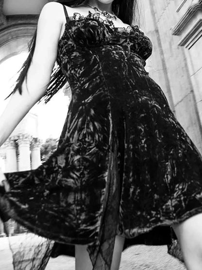 Y2K Lolita Grunge Waist Slit Partywear Dark High Emo Clubwear Velvet Mini Mesh Vintage Aesthetic Gothic Sexy Dress