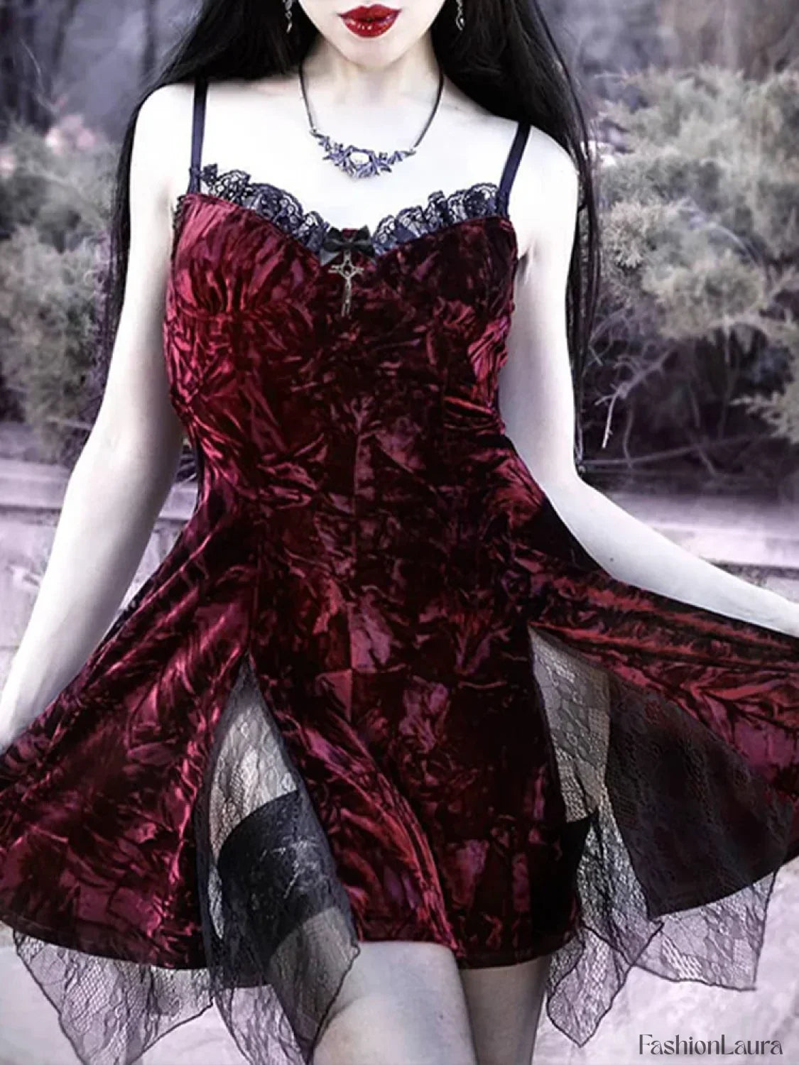 Y2K Lolita Grunge Waist Slit Partywear Dark High Emo Clubwear Velvet Mini Mesh Vintage Aesthetic Gothic Sexy Dress