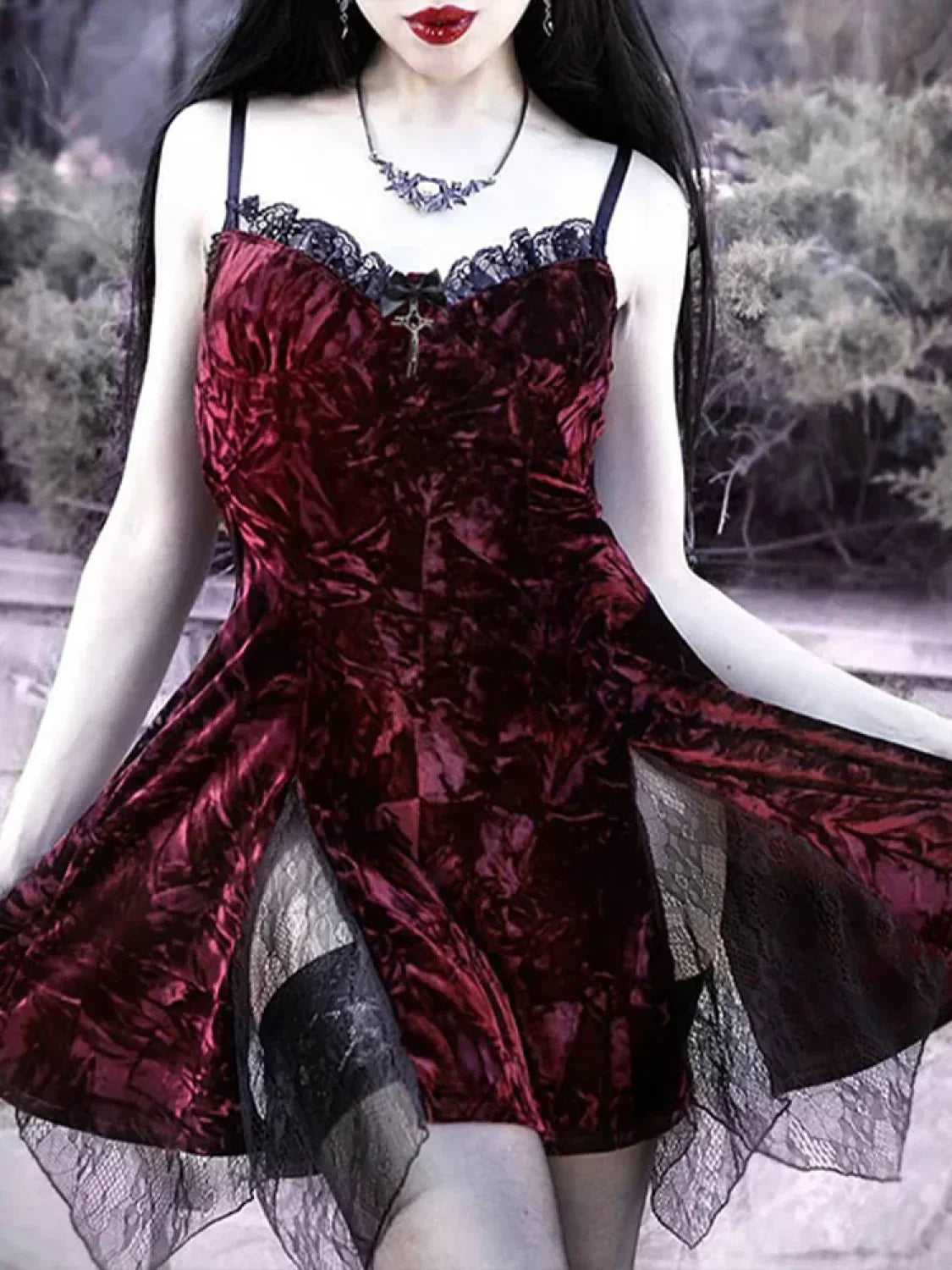 Y2K Lolita Grunge Waist Slit Partywear Dark High Emo Clubwear Velvet Mini Mesh Vintage Aesthetic Gothic Sexy Dress