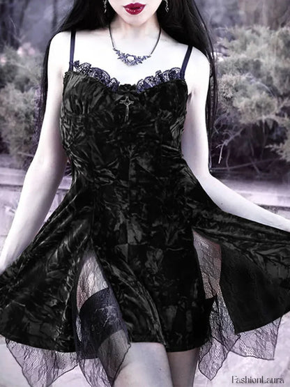 Y2K Lolita Grunge Waist Slit Partywear Dark High Emo Clubwear Velvet Mini Mesh Vintage Aesthetic Gothic Sexy Dress
