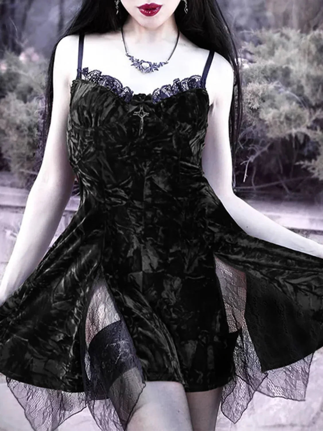 Y2K Lolita Grunge Waist Slit Partywear Dark High Emo Clubwear Velvet Mini Mesh Vintage Aesthetic Gothic Sexy Dress