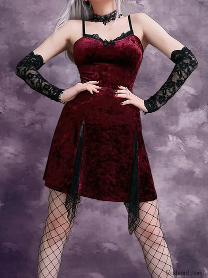 Y2K Lolita Grunge Waist Slit Partywear Dark High Emo Clubwear Velvet Mini Mesh Vintage Aesthetic Gothic Sexy Dress RED