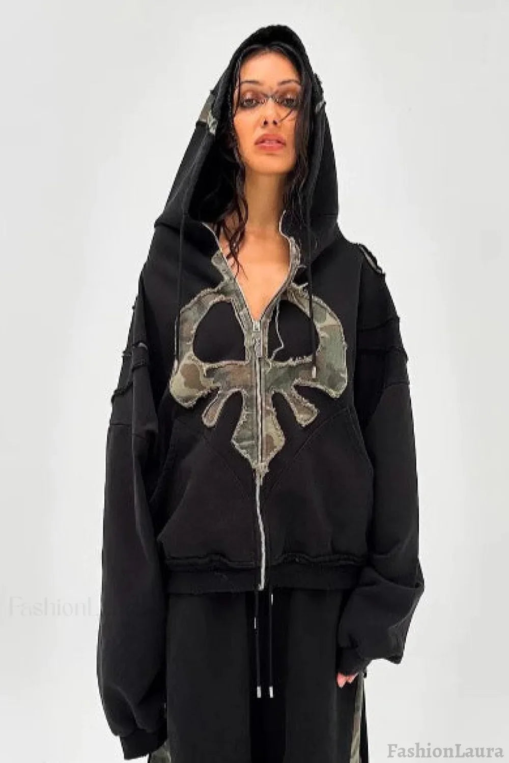 Y2K Street Style Drawstring Patch Hoodie Black / S