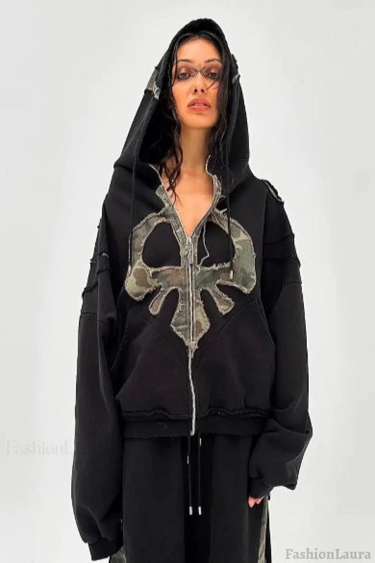 Y2K Street Style Drawstring Patch Hoodie Black / S