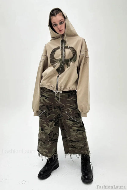Y2K Street Style Drawstring Patch Hoodie Khaki / S