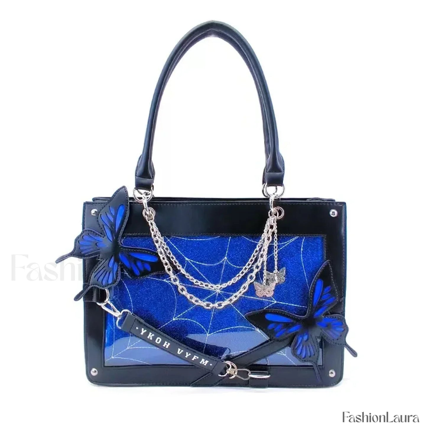 Y2K Transparent Spider Labyrinth Butterfly Letter Gothic Chain Web Bag Black Blue / 35x25x10.5cm