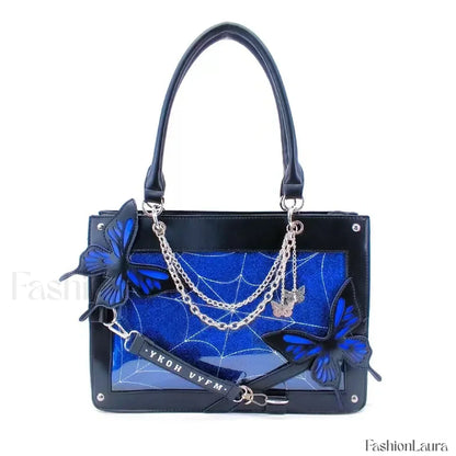 Y2K Transparent Spider Labyrinth Butterfly Letter Gothic Chain Web Bag Black Blue / 35x25x10.5cm