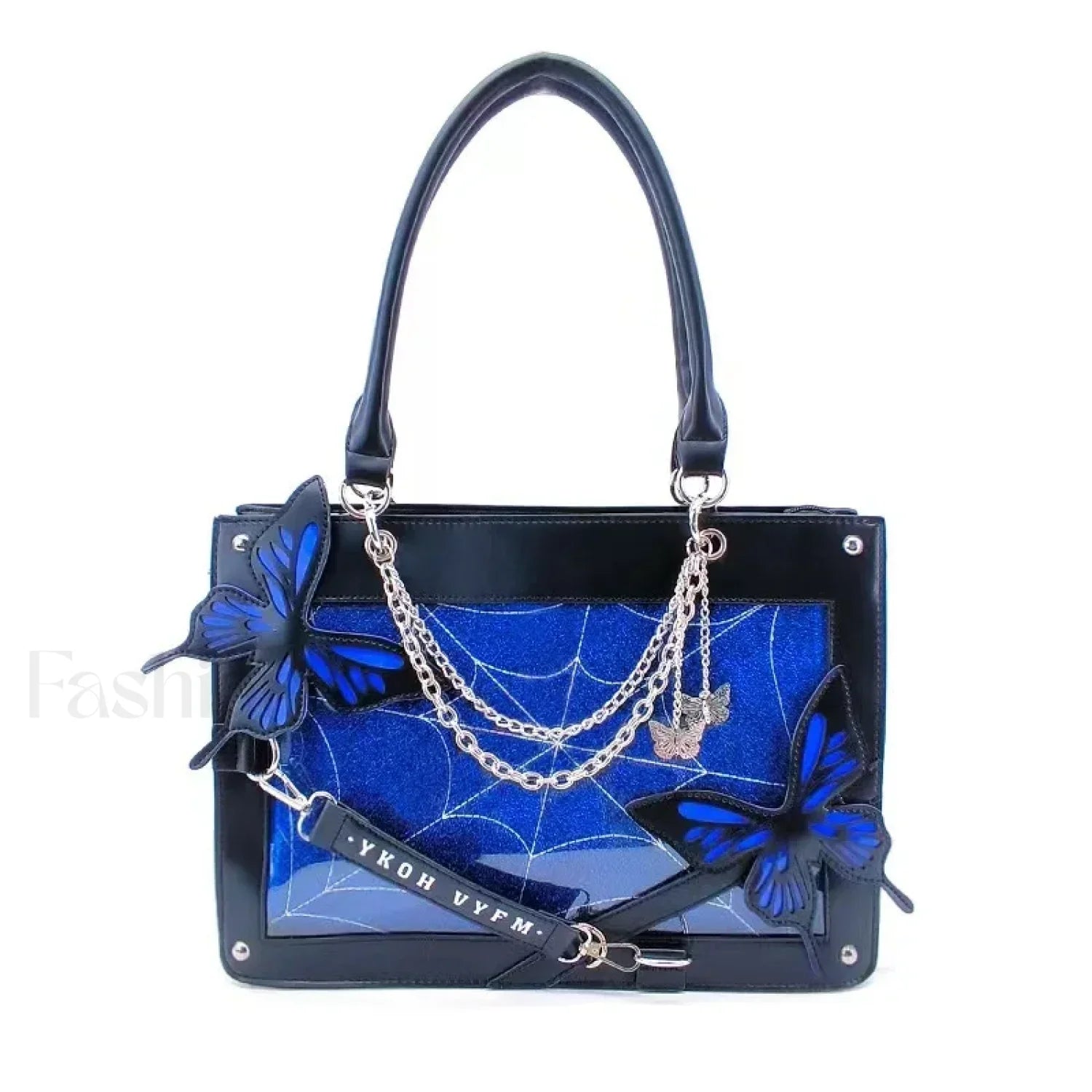 Y2K Transparent Spider Labyrinth Butterfly Letter Gothic Chain Web Bag Black Blue / 35x25x10.5cm