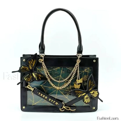 Y2K Transparent Spider Labyrinth Butterfly Letter Gothic Chain Web Bag Black Gold / 35x25x10.5cm