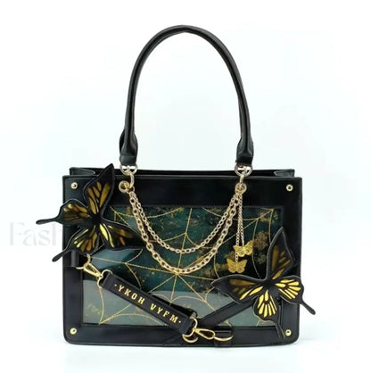 Y2K Transparent Spider Labyrinth Butterfly Letter Gothic Chain Web Bag Black Gold / 35x25x10.5cm