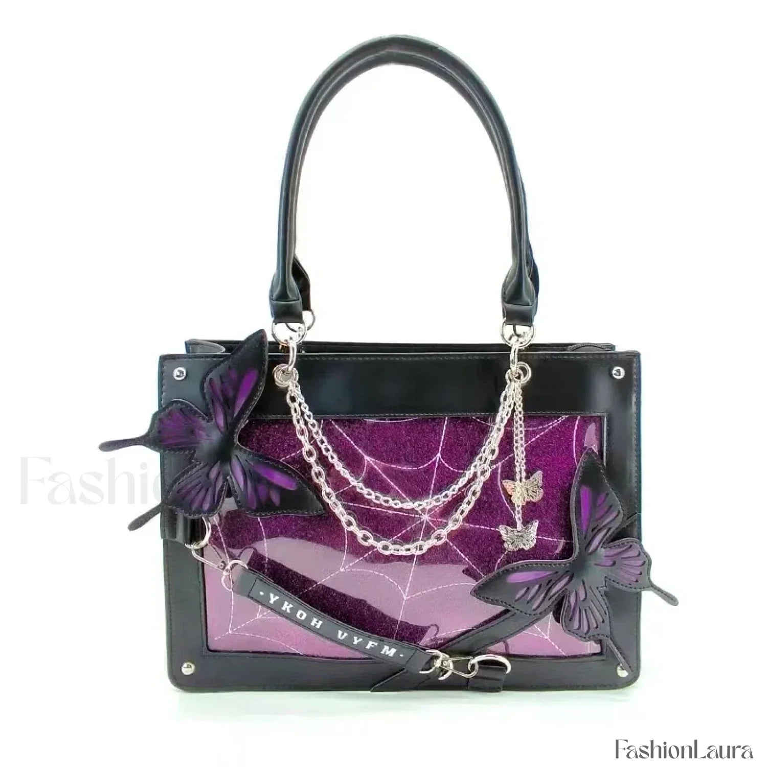 Y2K Transparent Spider Labyrinth Butterfly Letter Gothic Chain Web Bag Black Purple / 35x25x10.5cm