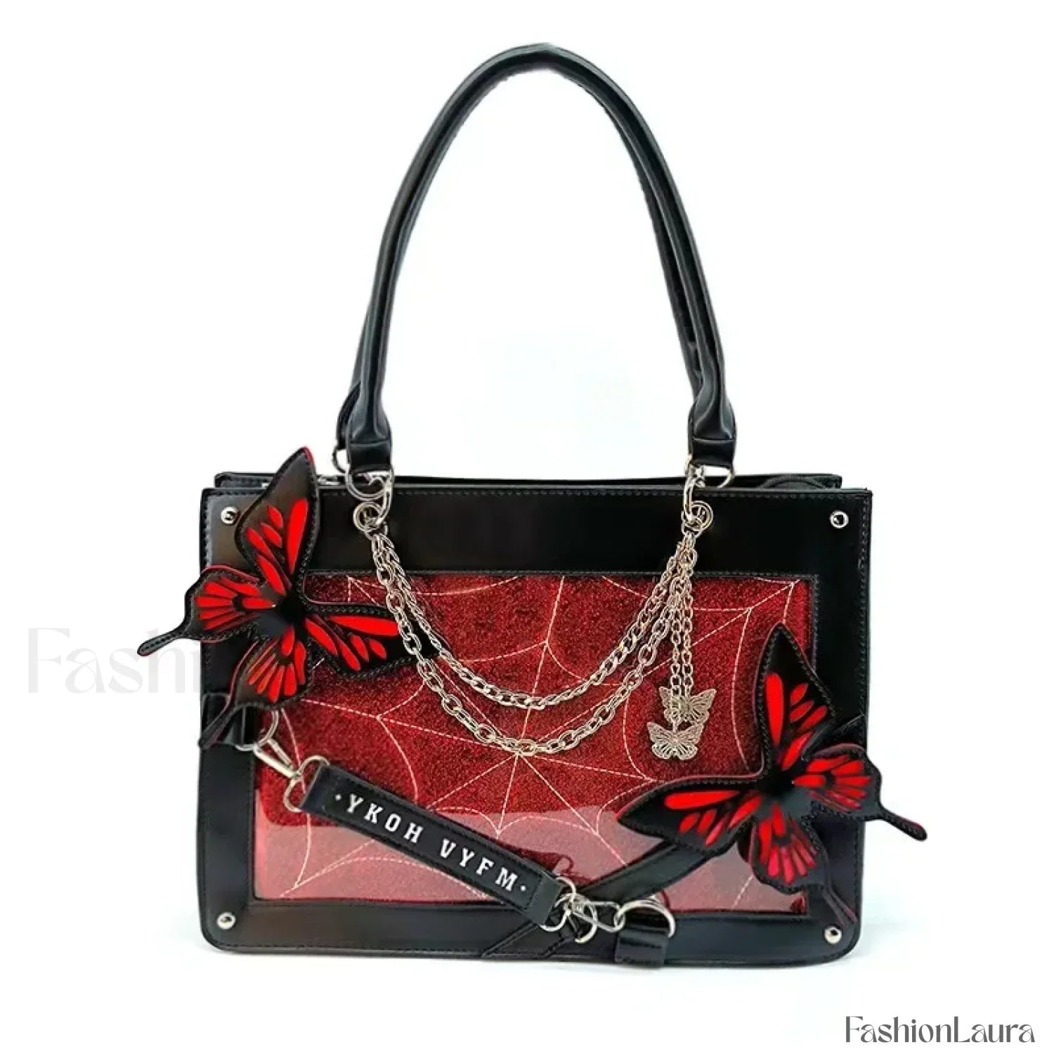 Y2K Transparent Spider Labyrinth Butterfly Letter Gothic Chain Web Bag Black Red / 35x25x10.5cm
