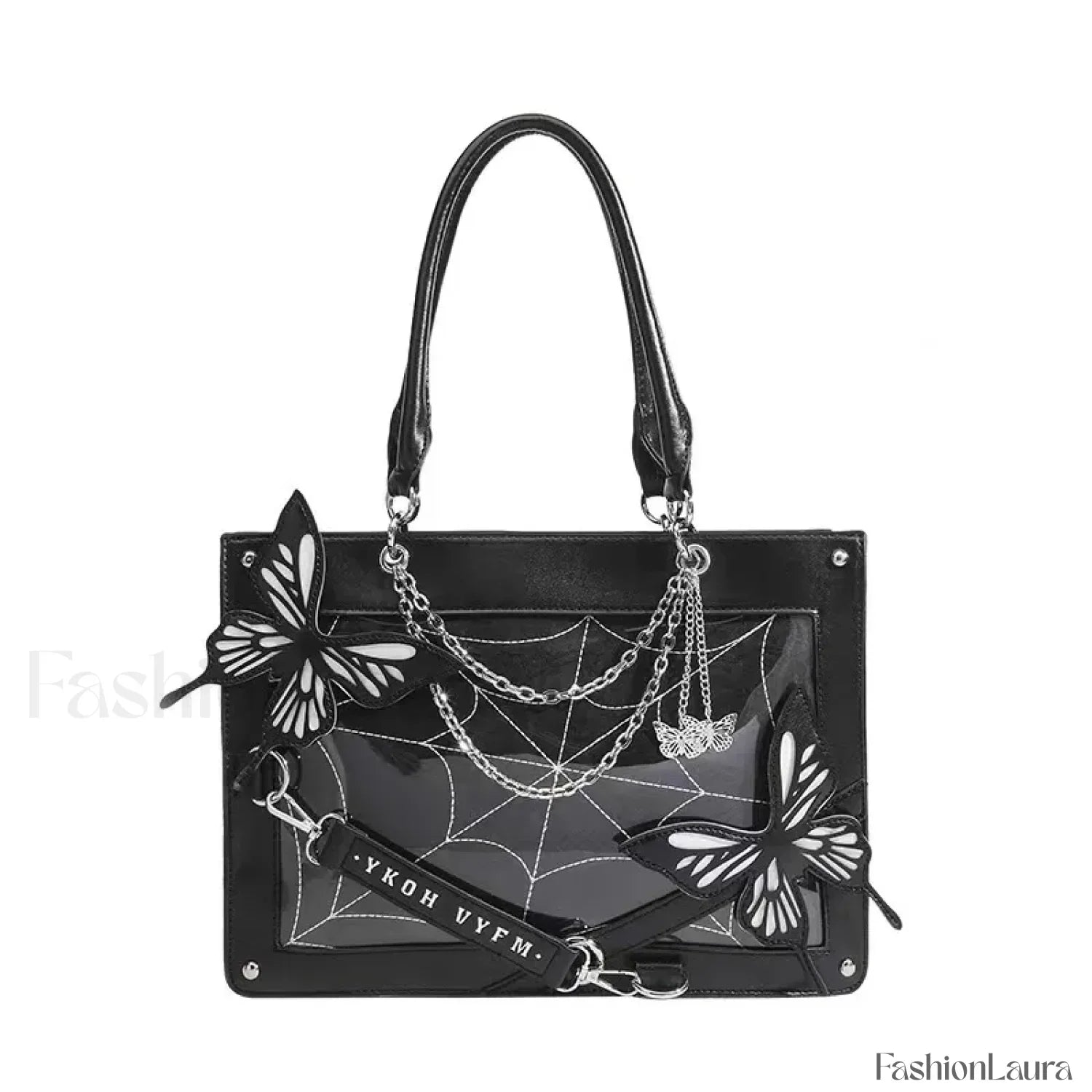 Y2K Transparent Spider Labyrinth Butterfly Letter Gothic Chain Web Bag Black White / 35x25x10.5cm