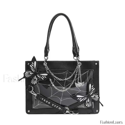 Y2K Transparent Spider Labyrinth Butterfly Letter Gothic Chain Web Bag Black White / 35x25x10.5cm
