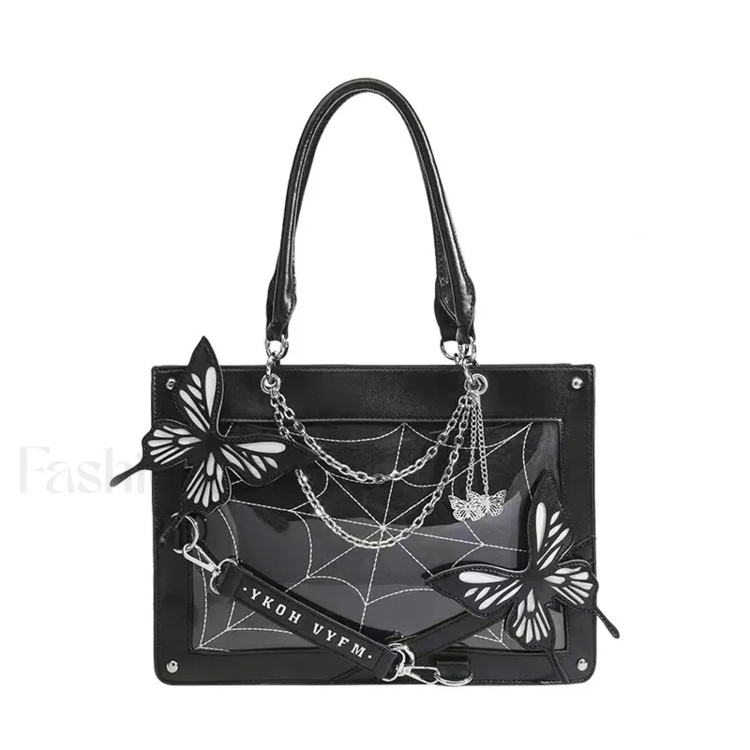 Y2K Transparent Spider Labyrinth Butterfly Letter Gothic Chain Web Bag Black White / 35x25x10.5cm