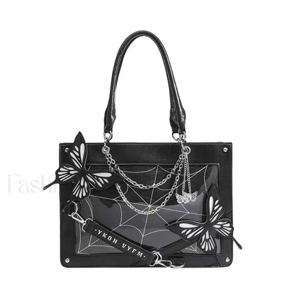 Y2K Transparent Spider Labyrinth Butterfly Letter Gothic Chain Web Bag Black White / 35x25x10.5cm