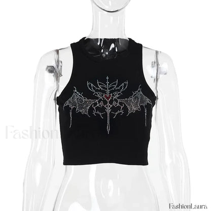 Y2K Vintage Fairy Rhinestone Graphic Crop Top Black / S