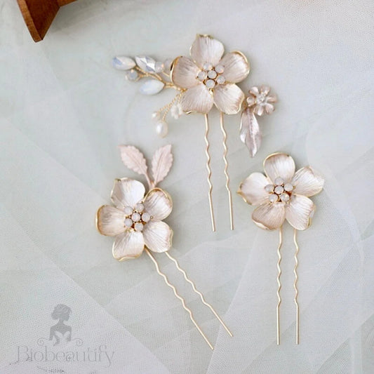 Yara Gold Opal Bridal Hair Pins Set