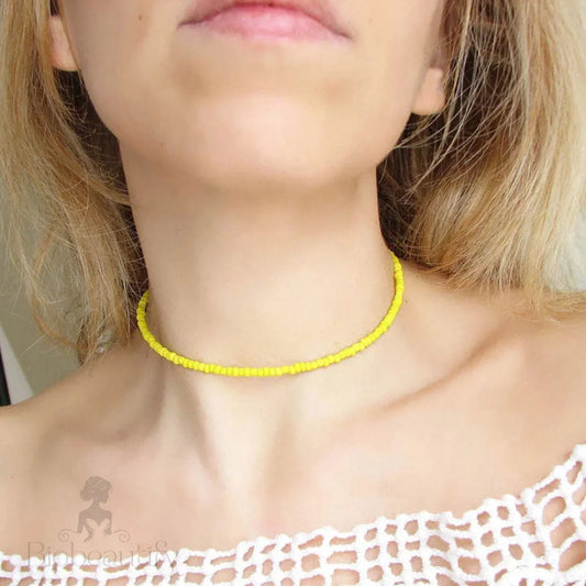 Yellow Beachy Enamel Bead Choker Necklace One Size /