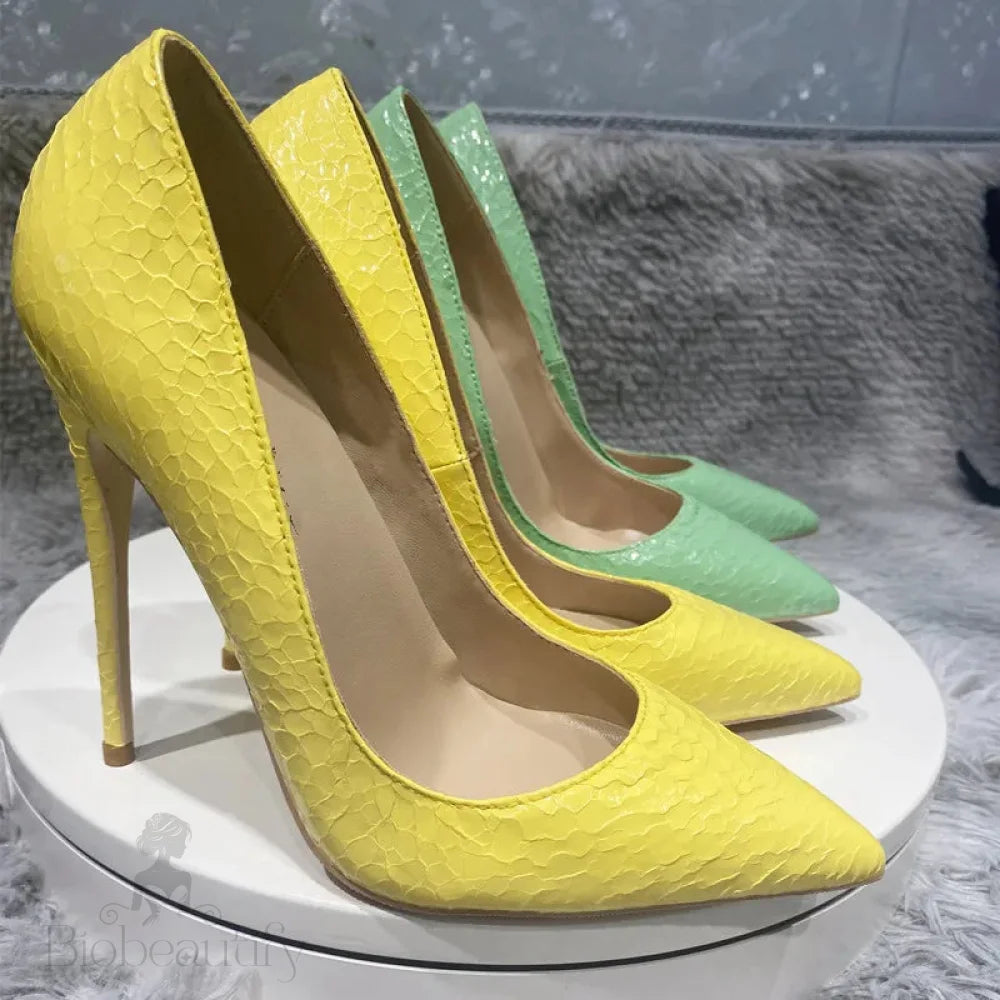 Yellow Crocodile Effect Pointy Toe High Heel Sexy Party Shoes For Women